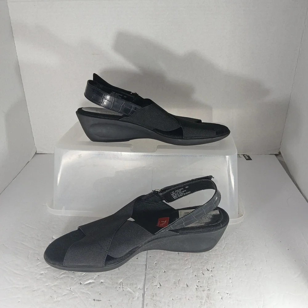 Aerosoles Badlands Wedge Sandals 7.5 Black Faux Croc Slingback Comfort Shoes